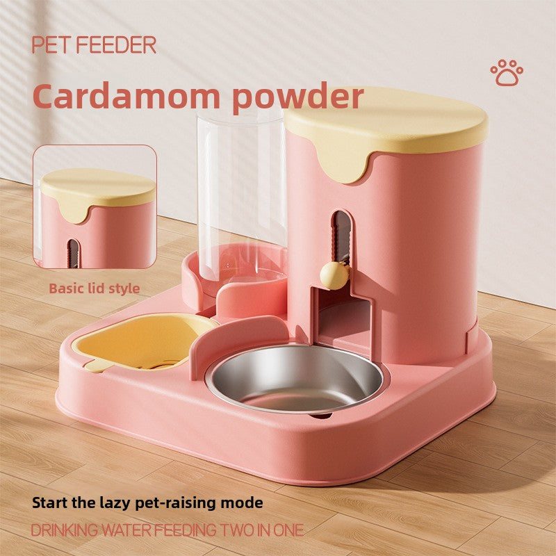Pink pet feeder with a water dispenser on a wooden floor