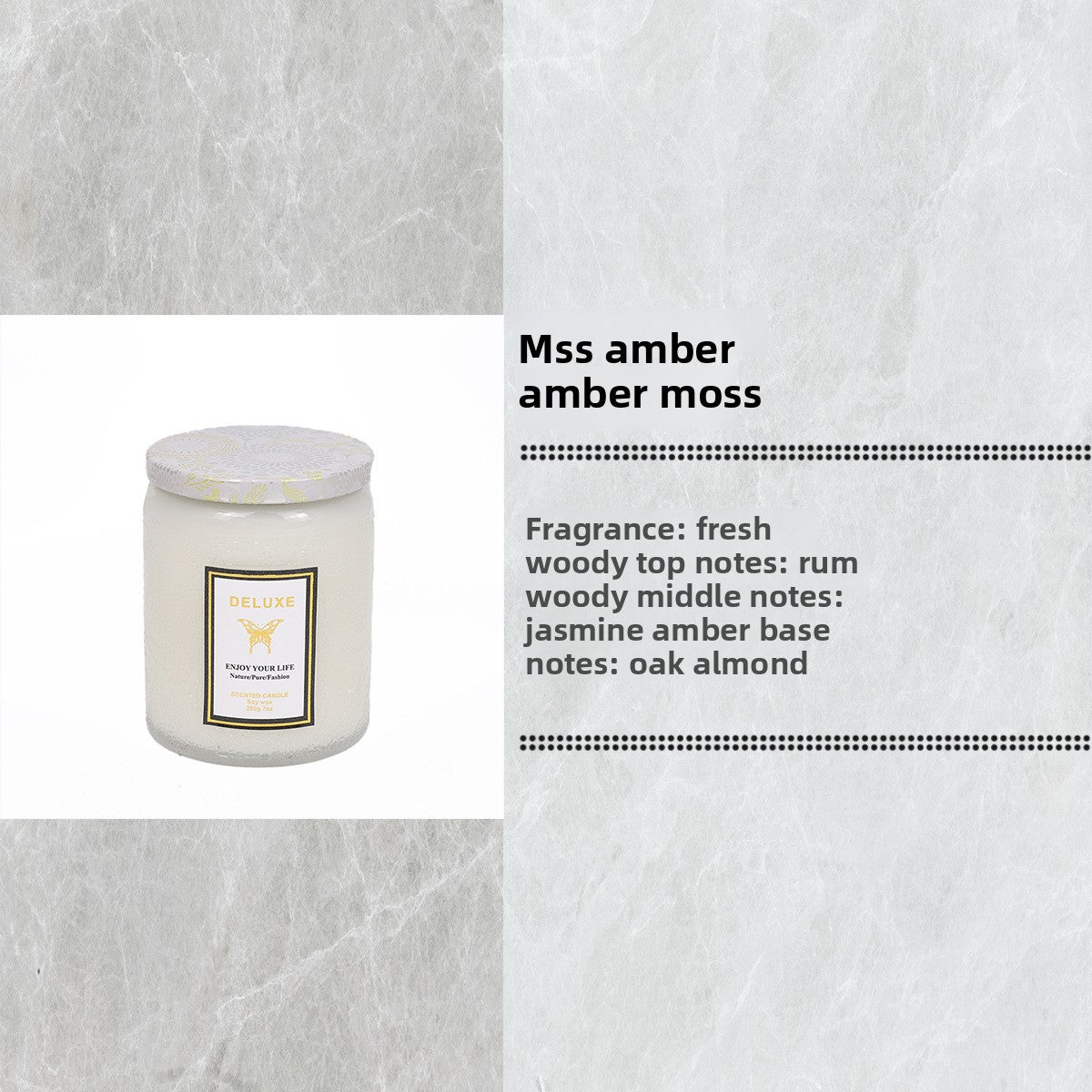Candle labeled 'Mss amber amber moss' with fragrance description on a textured gray background