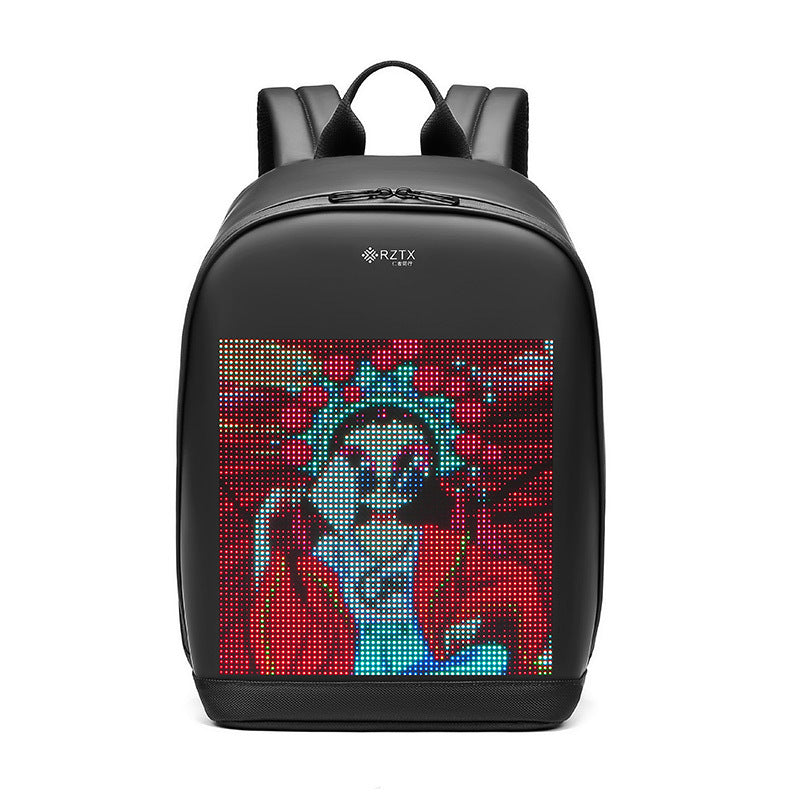 Black backpack with LED display of a colorful graphic on a white background