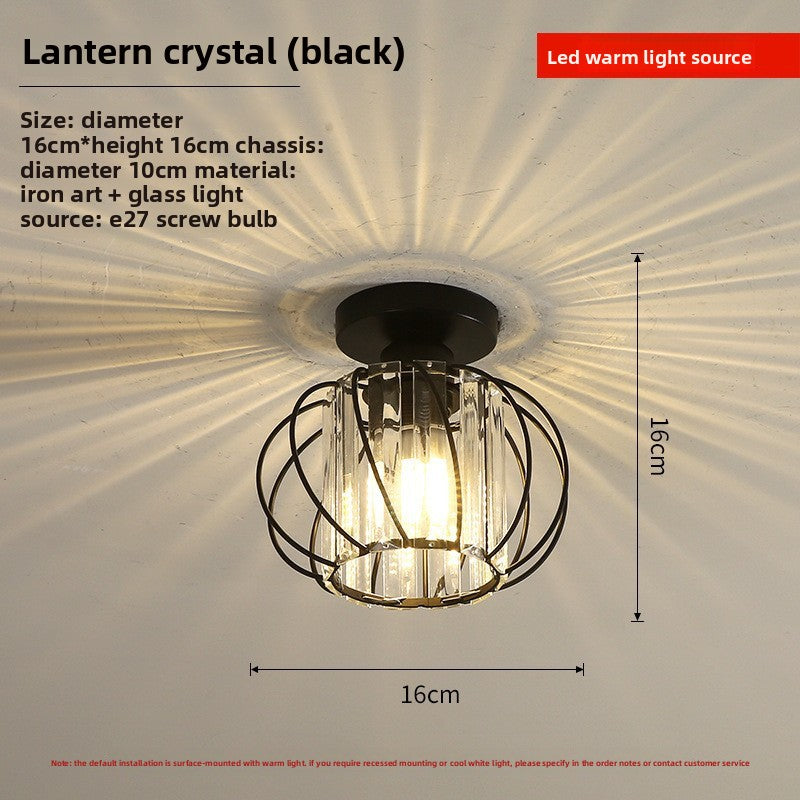 Black lantern crystal ceiling light with dimensions and features on a gray background