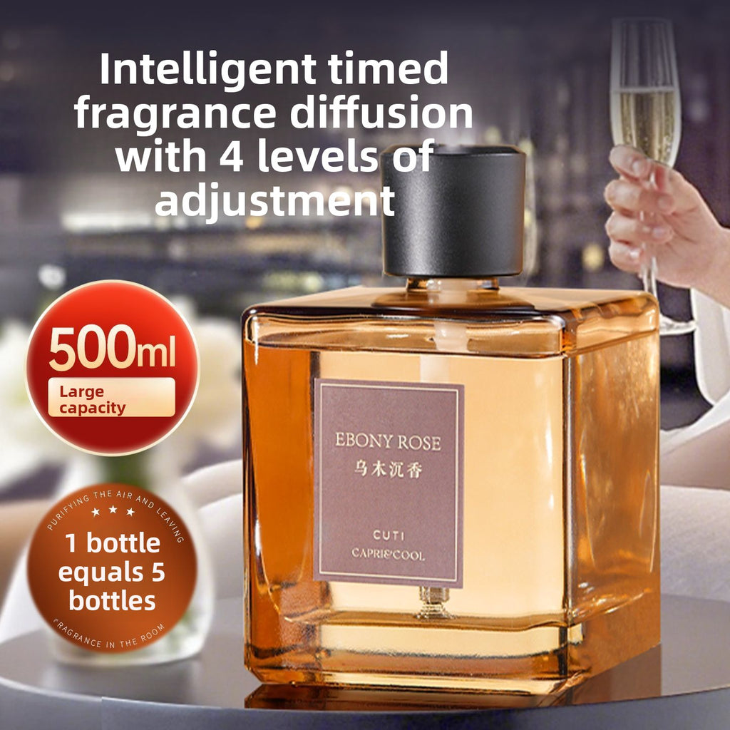 Perfume bottle labeled 'Ebony Rose' with text about intelligent timed fragrance electric diffusion and large capacity.