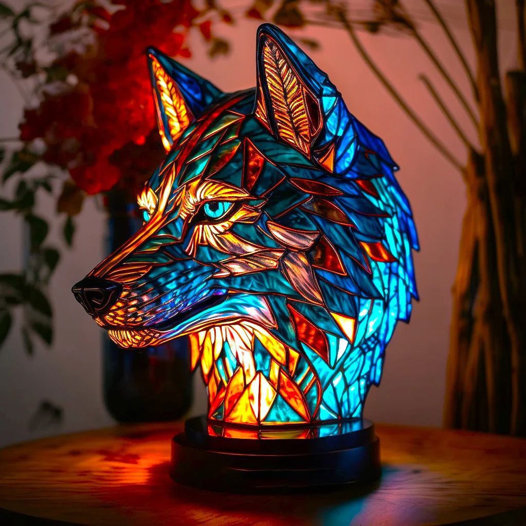 Colorful stained glass wolf head lamp on a wooden surface with a blurred background