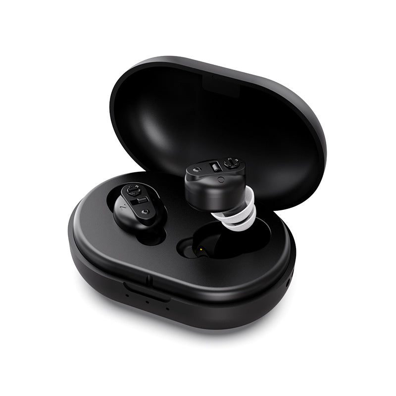 Black wireless earbuds with charging case on a white background