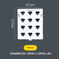 White garment size chart with dimensions and suitability for shirts and t-shirts on a dark gray background