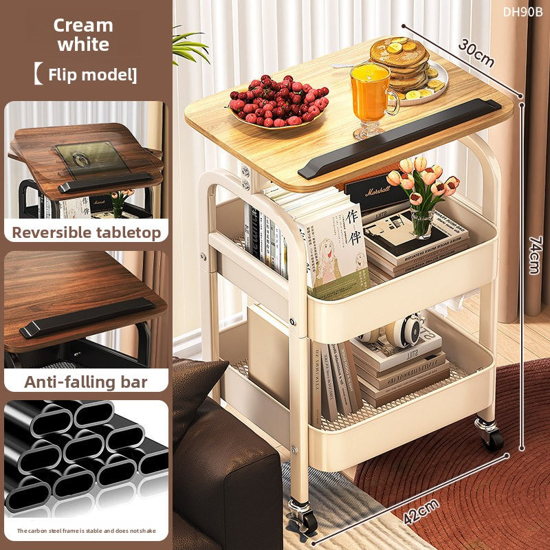 Multi-functional trolley with reversible tabletop and anti-falling bar in a living room setting.