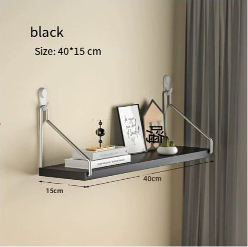Wall-mounted shelf with dimensions on a beige wall background