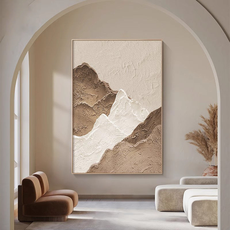 Abstract mountain landscape painting in a modern living room.