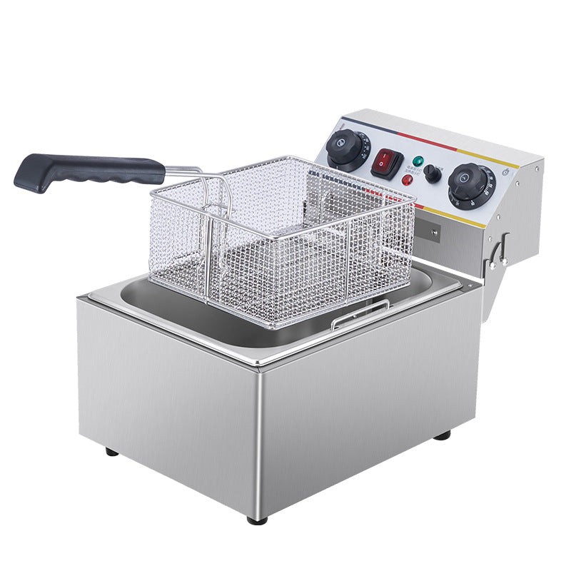 Stainless steel deep fryer with control panel on a white background