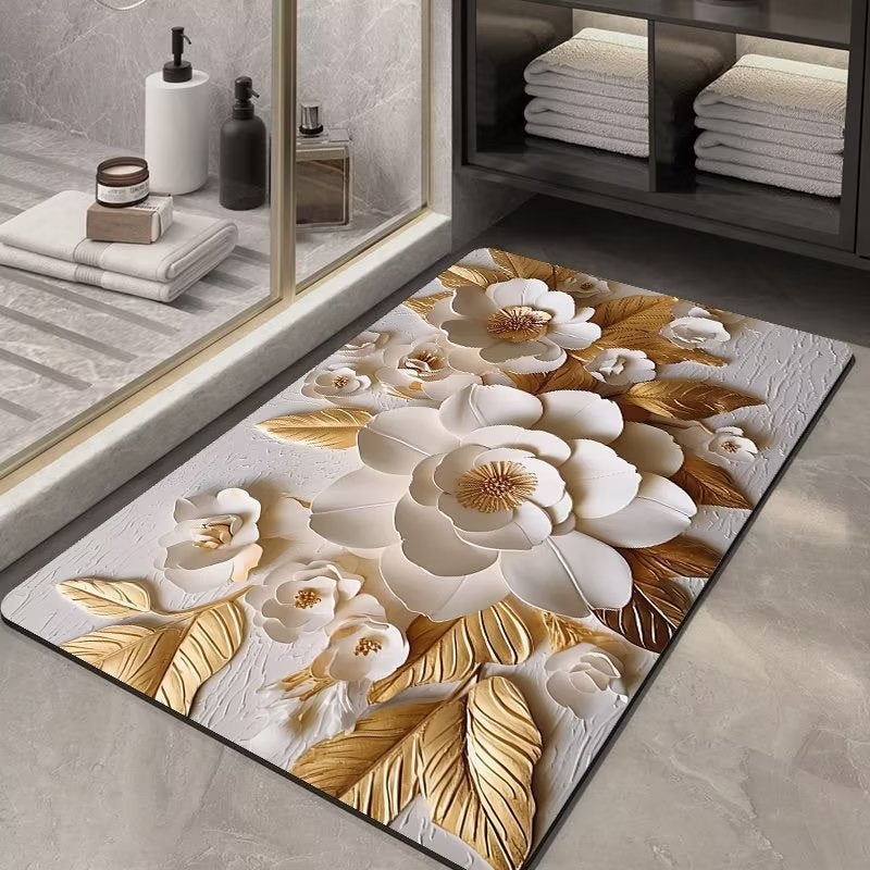 Floral patterned rug on a bathroom floor with towels and a mirror in the background.
