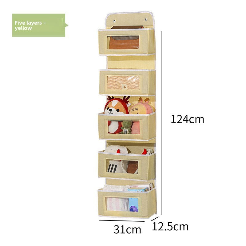 Beige wall-mounted storage shelf with five layers, showing dimensions and capacity.