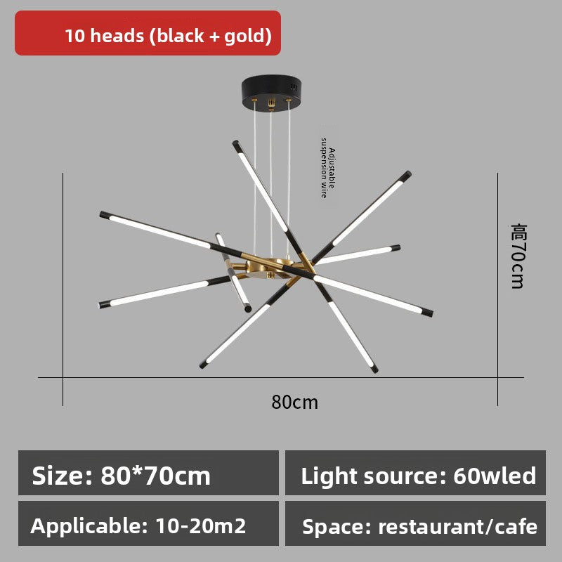 Modern chandelier with black and gold design, dimensions, and specifications on a gray background.