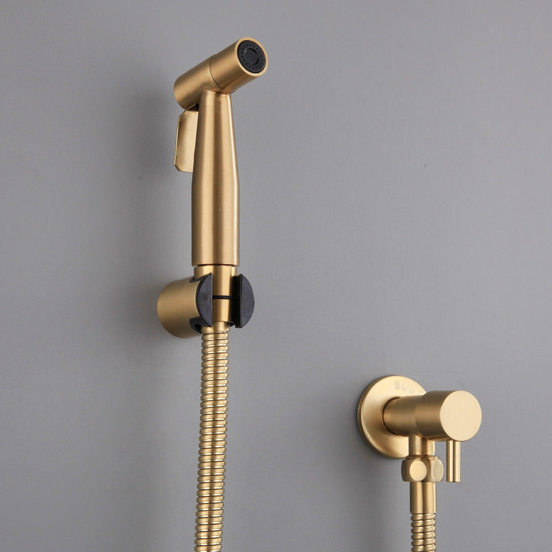 Gold bidet spray head and control valve set against a gray background