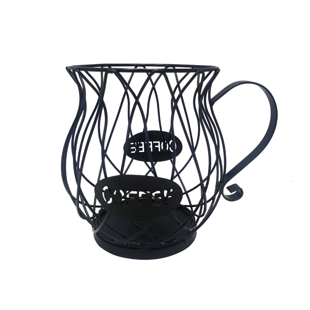 Black metal coffee capsules holder with decorative wire design on a white background