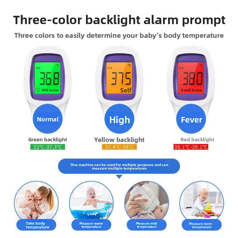 Baby temperature monitor with three-color backlight display for normal, high, and fever temperatures.