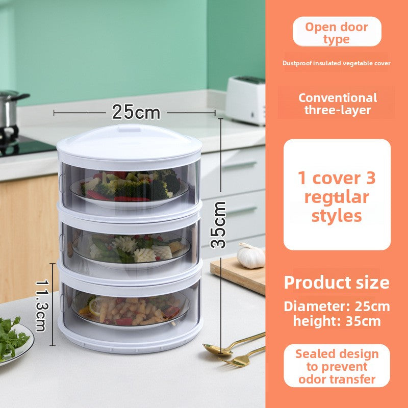 Three-layered food storage container with measurements on a kitchen counter