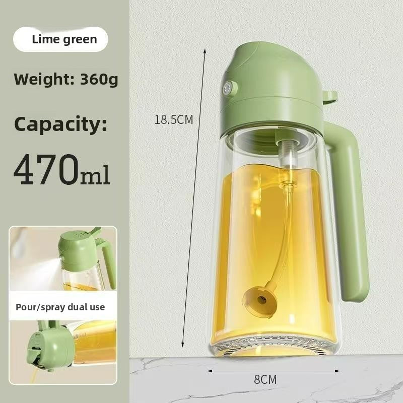 Green spray bottle with yellow liquid, showing weight, capacity, and dimensions on a light gray background.