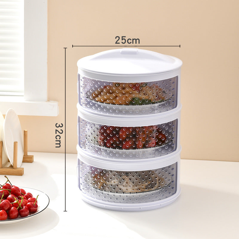 Three-layer food dehydrator with dimensions displayed, placed on a kitchen counter.