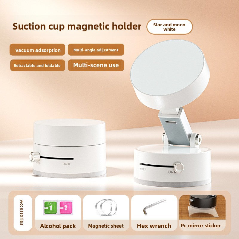Suction cup magnetic holder with features listed on a beige background