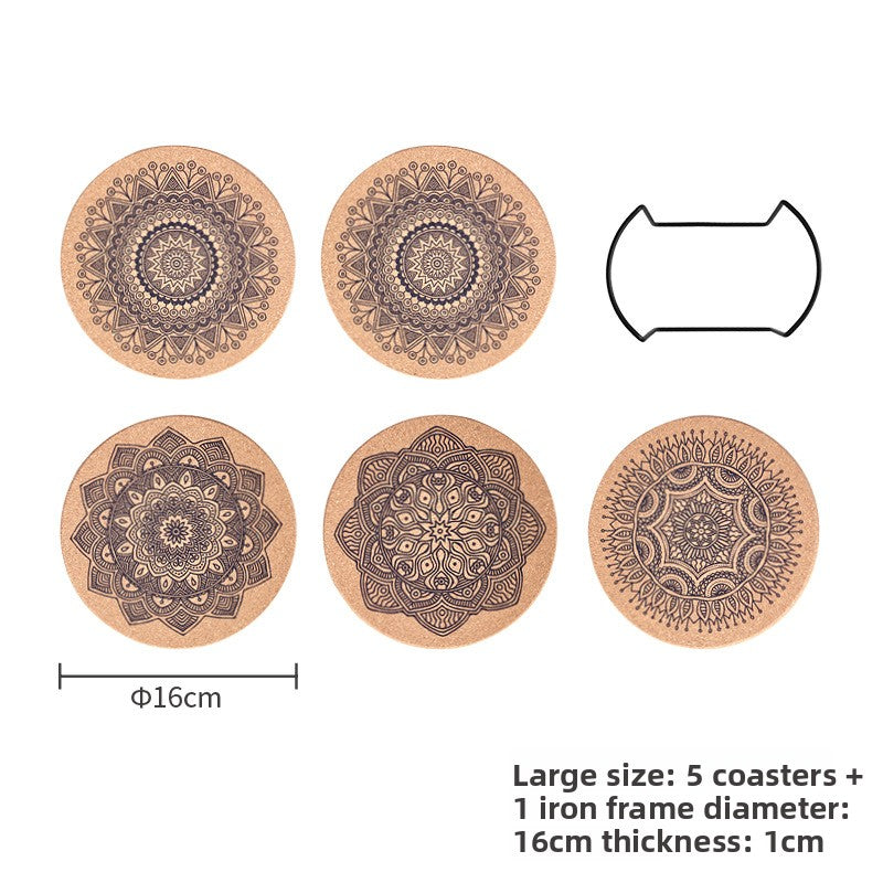 Set of five decorative coasters with mandala patterns and measurements on a white background.