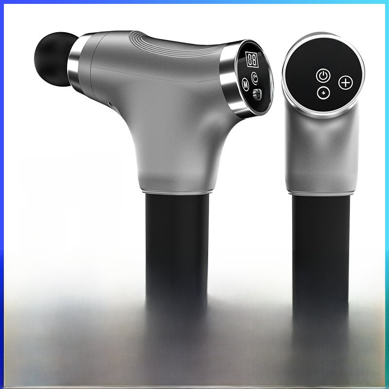 Massage gun with black and silver design on a white background