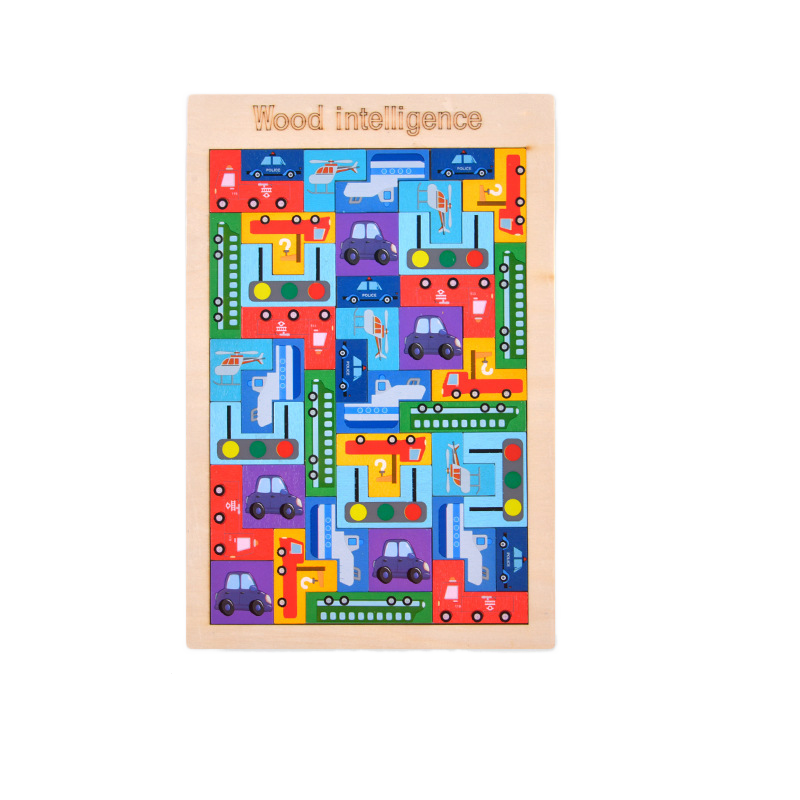 Colorful wooden puzzle with vehicle patterns on a white background
