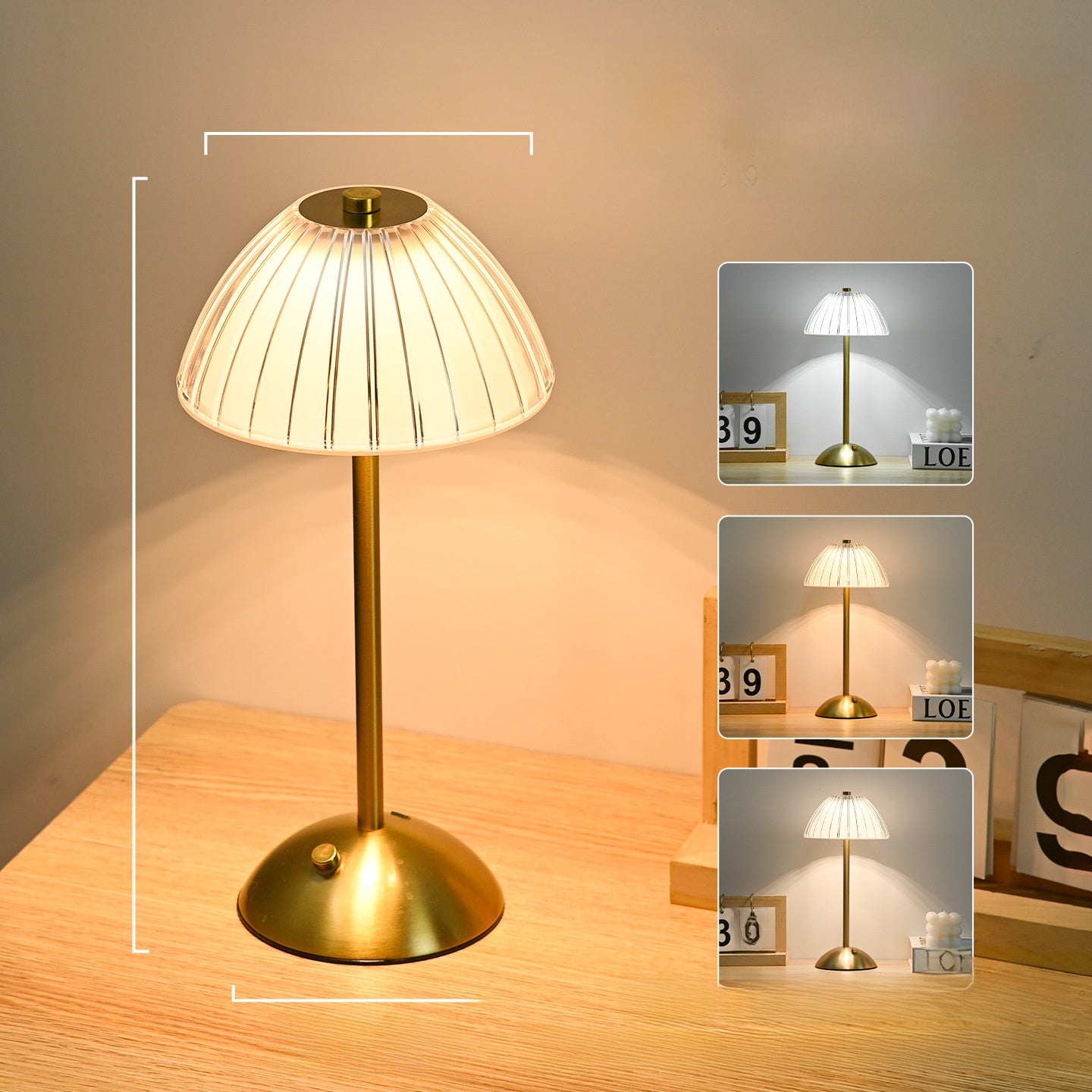 Gold table lamp with white shade on a wooden surface, surrounded by smaller images of the lamp in different settings.