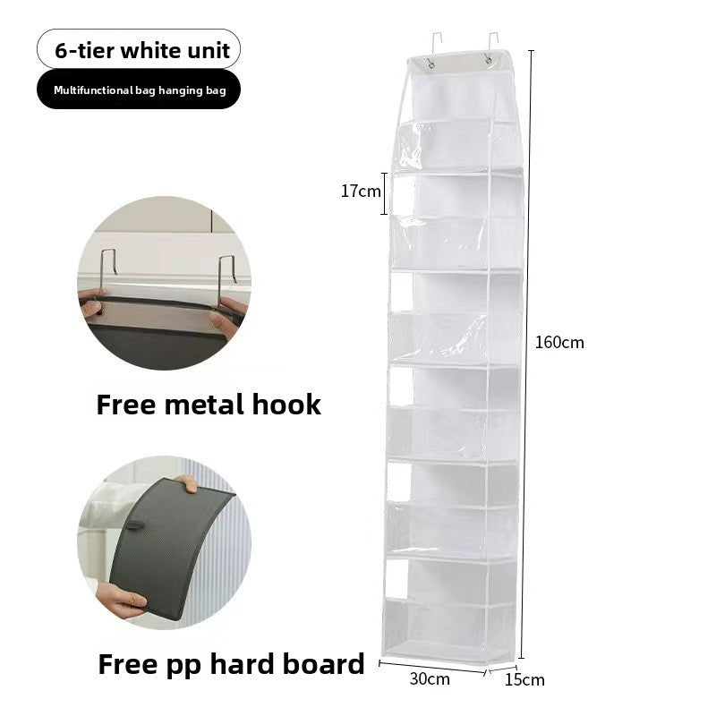 Multifunctional bag hanging organizer with dimensions and features on a white background