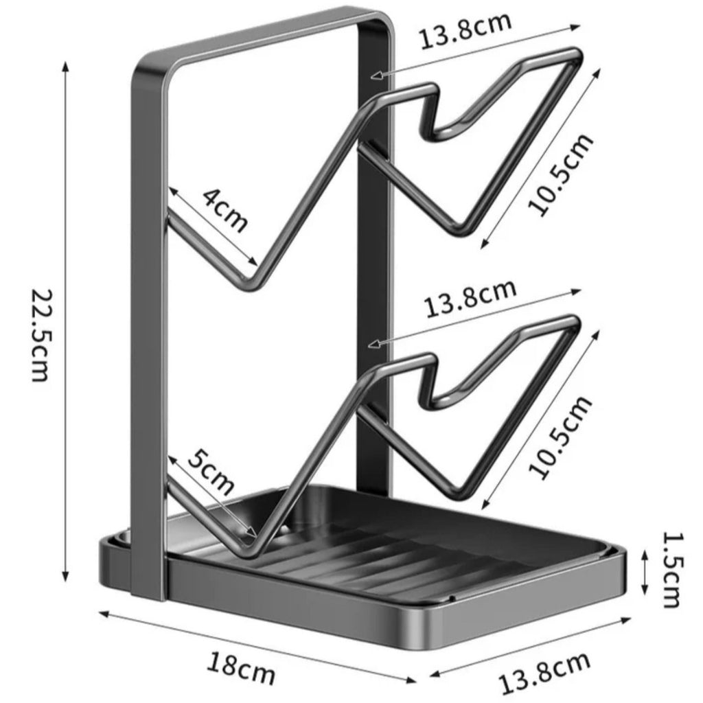 Black metal bottle rack with dimensions labeled on a white background