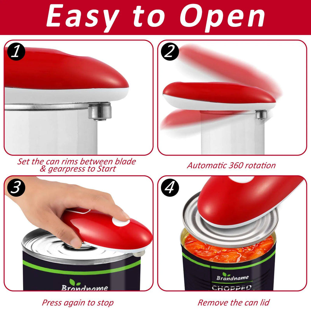 Instructions for using a can opener with a red lid on a white background