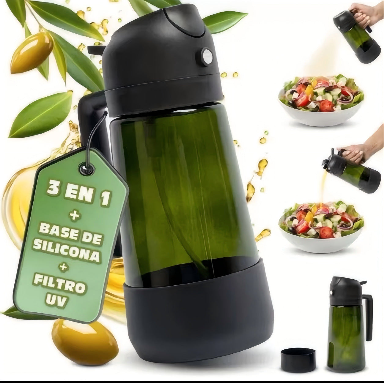 Green and black bottle with a label on a white background