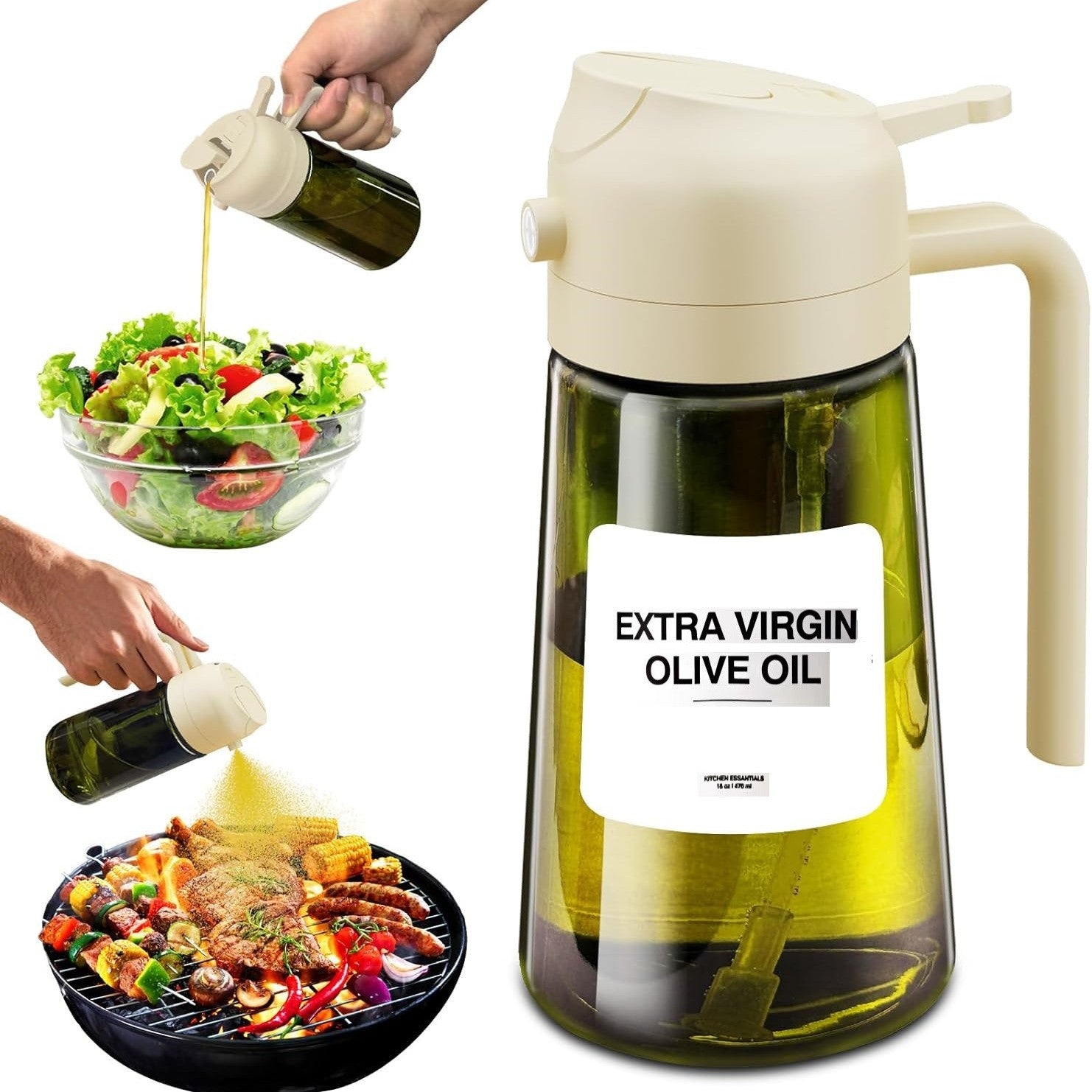 Olive oil dispenser with a label reading 'Extra Virgin Olive Oil' being used on salad and grill.