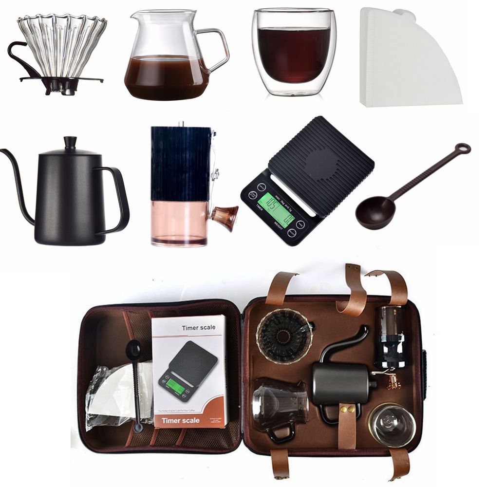 Collection of coffee-making tools and accessories on a white background