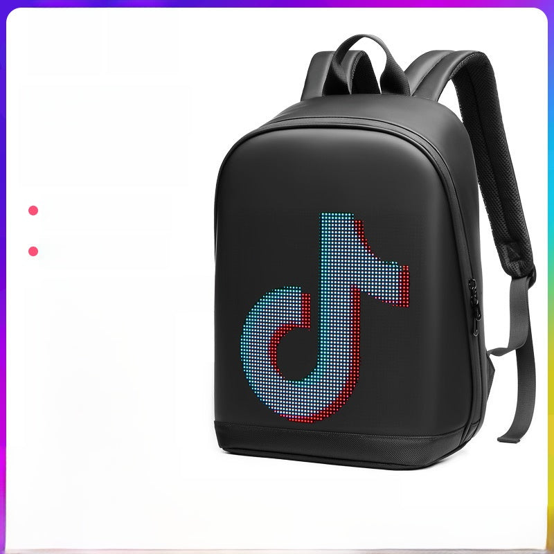 Black backpack with a colorful logo on a white background