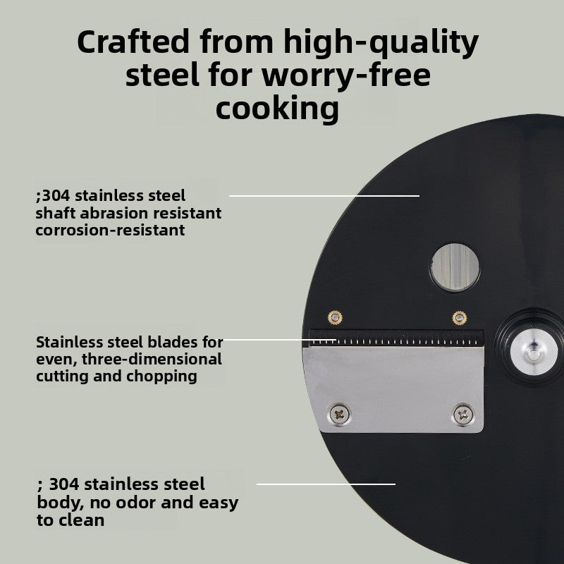 Stainless steel kitchen tool with text highlighting features on a gray background