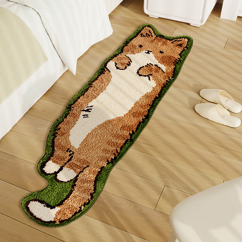 Fox-shaped rug on a wooden floor with white shoes nearby