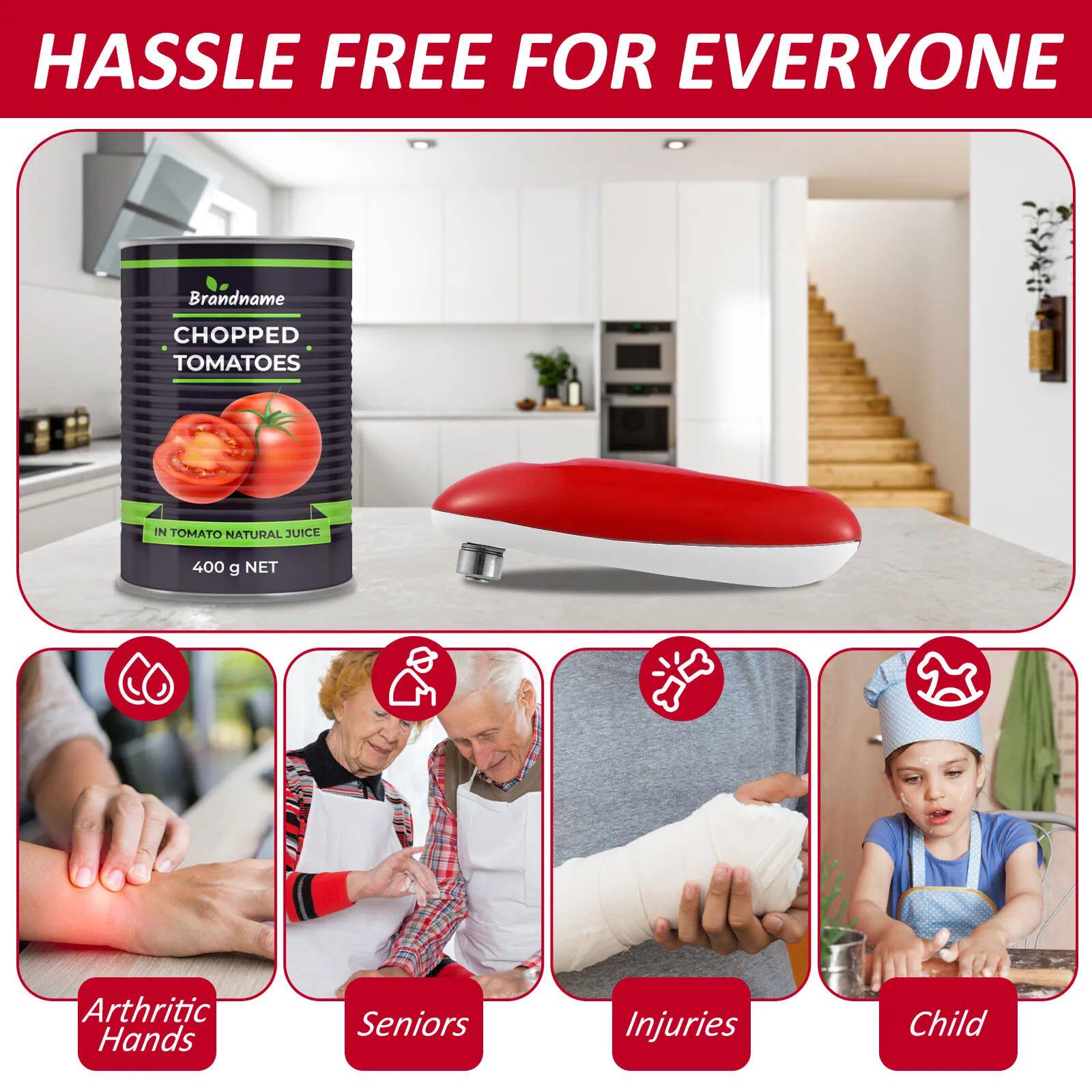 Product advertisement with chopped tomatoes can, red and white device, and images of people with different needs.