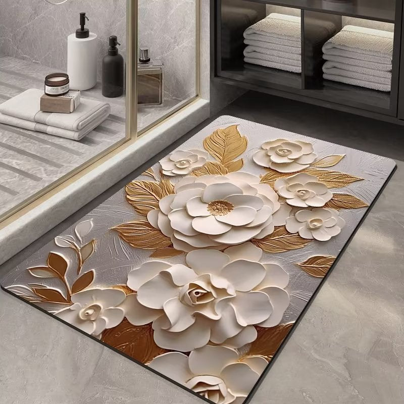 Decorative rug with floral design on a bathroom floor