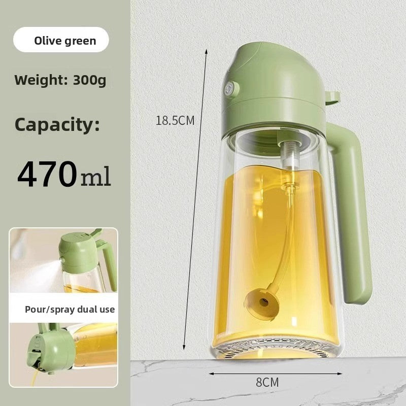 Green glass bottle with measurement details on a light gray background