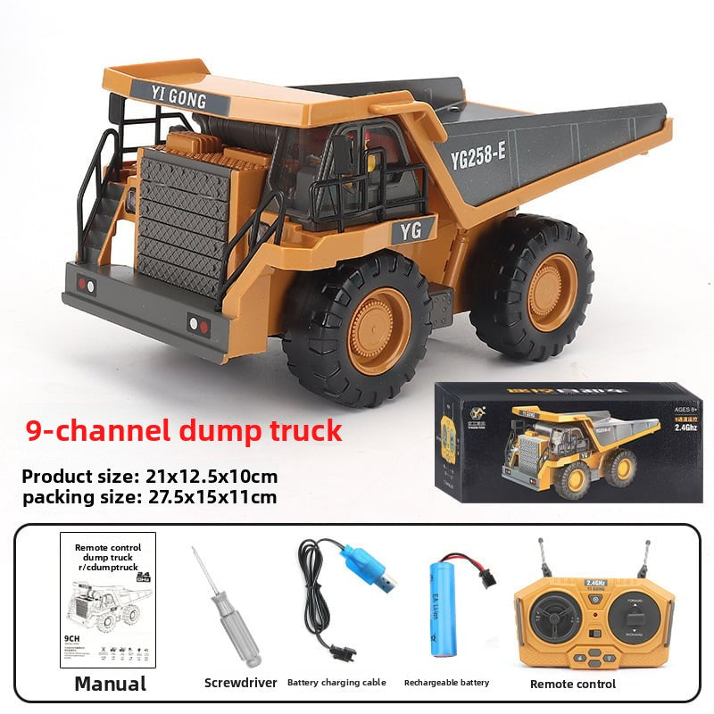 Yi Gong 9-channel dump truck toy with packaging and accessories on a white background