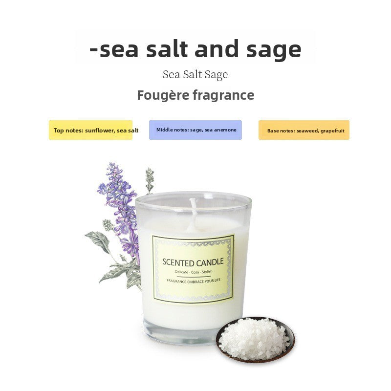 Scented candle labeled 'Sea Salt Sage' with lavender and sea salt on a white background