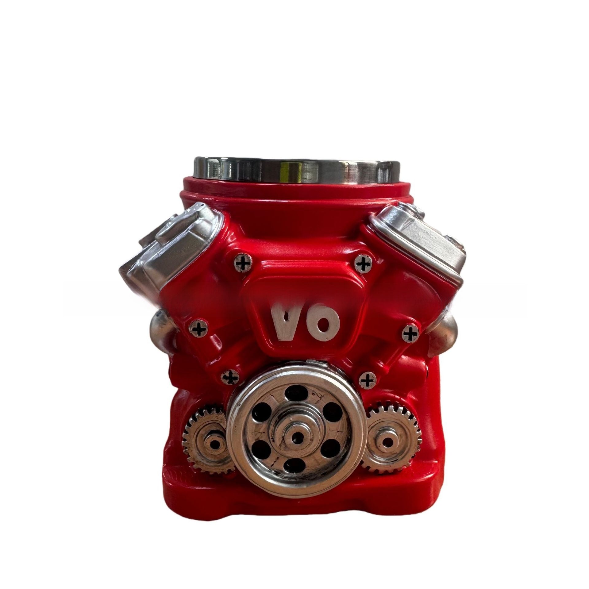 Red mechanical engine block with 'VO' branding on a white background
