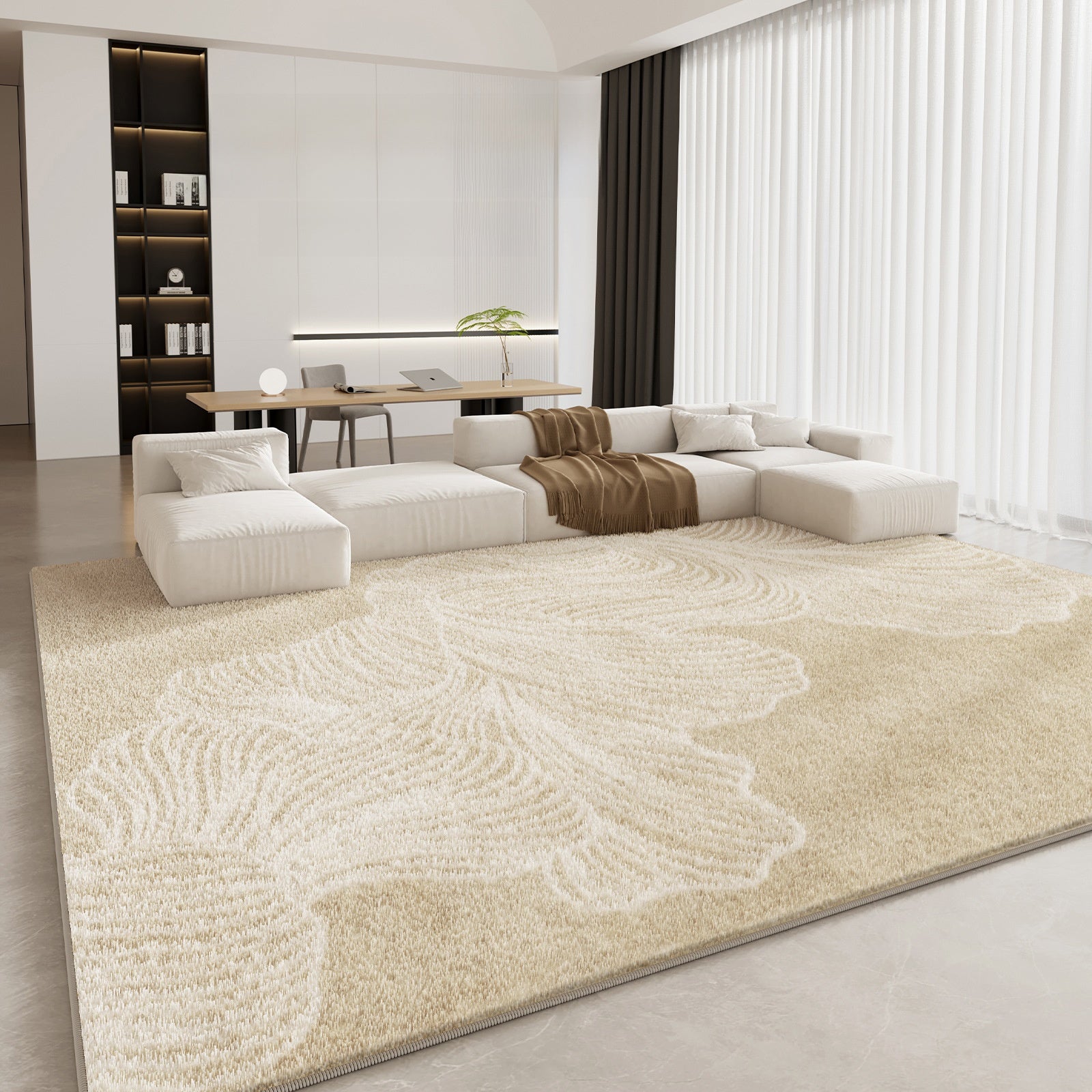 Modern living room with a beige patterned rug, white sofa, and wooden coffee table.
