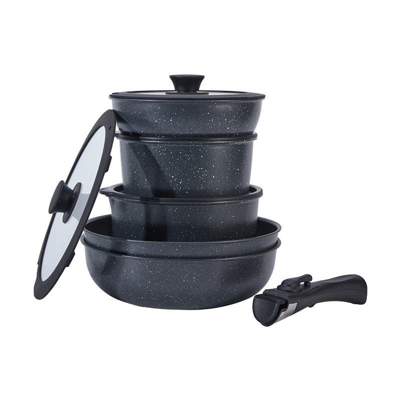Set of black speckled cookware with lids on a white background