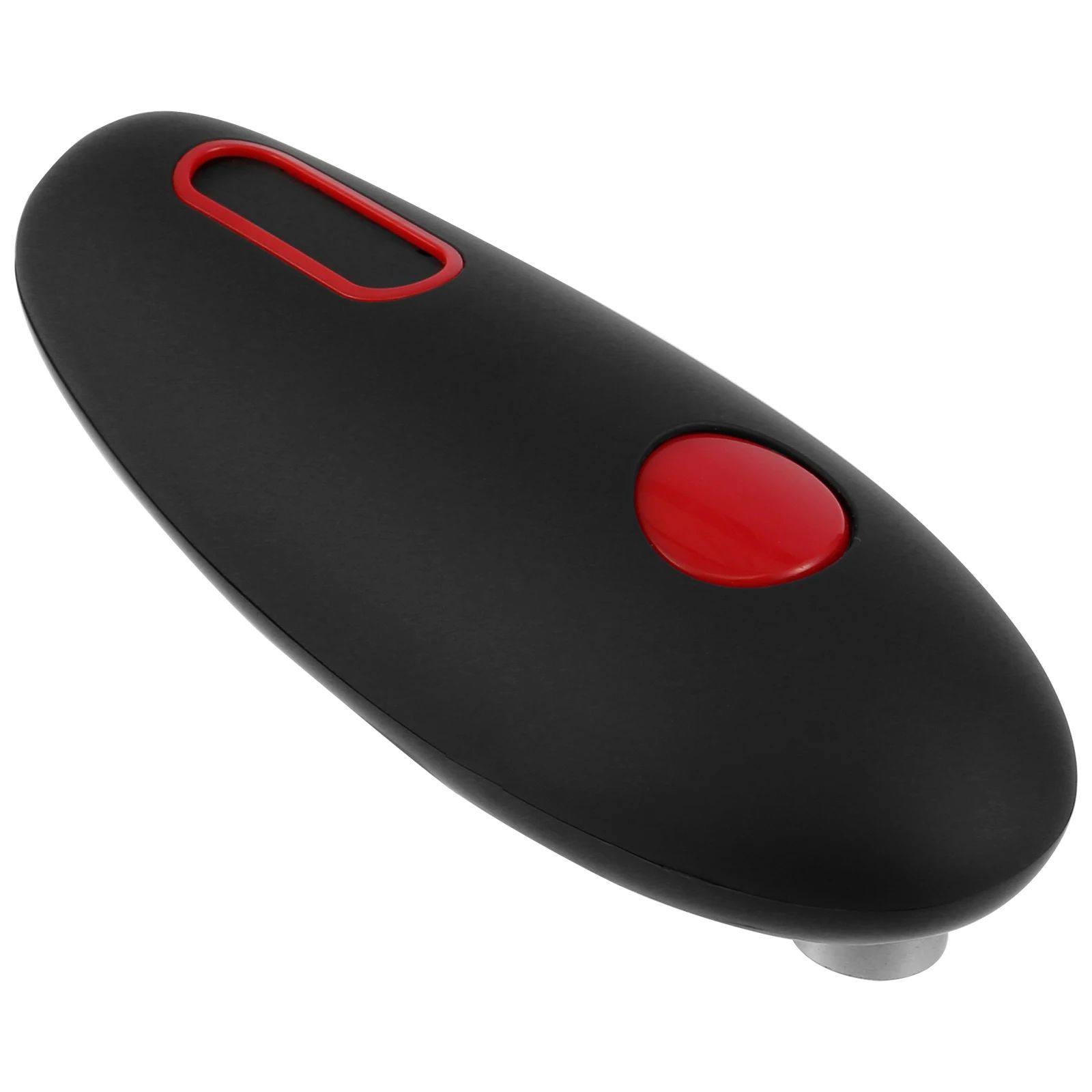 Black device with a red button on a white background