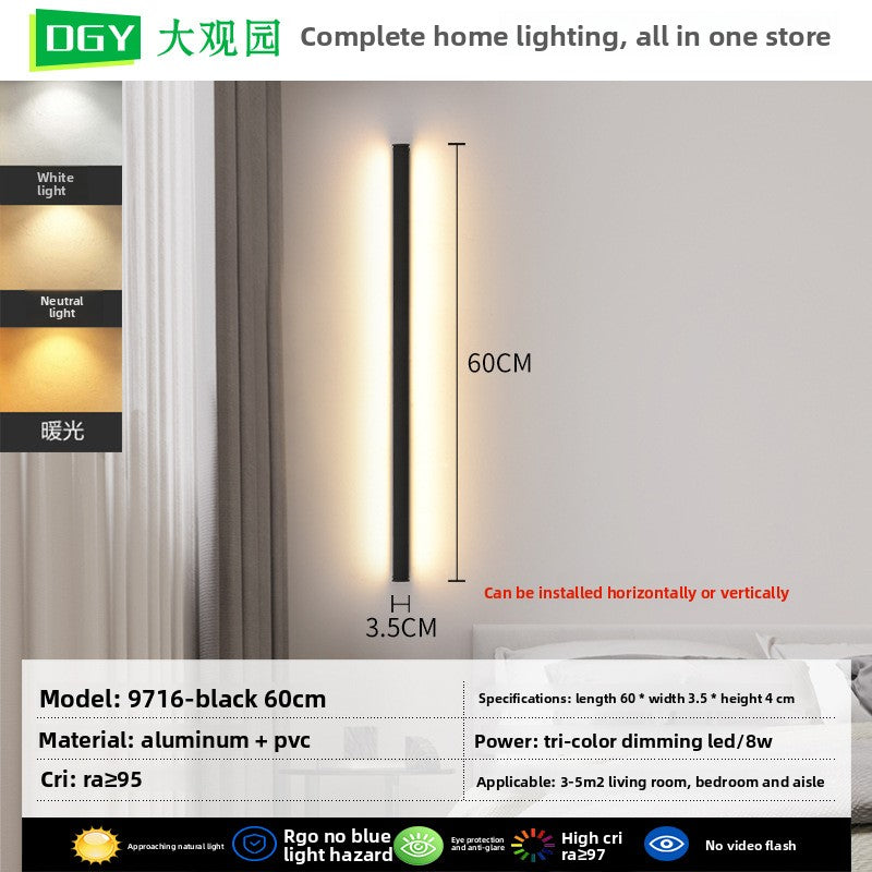 Wall-mounted light fixture with specifications and brand information on a gray wall background