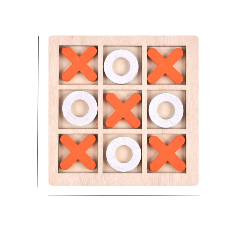 Wooden tic-tac-toe game with red 'X' and white 'O' pieces on a white background