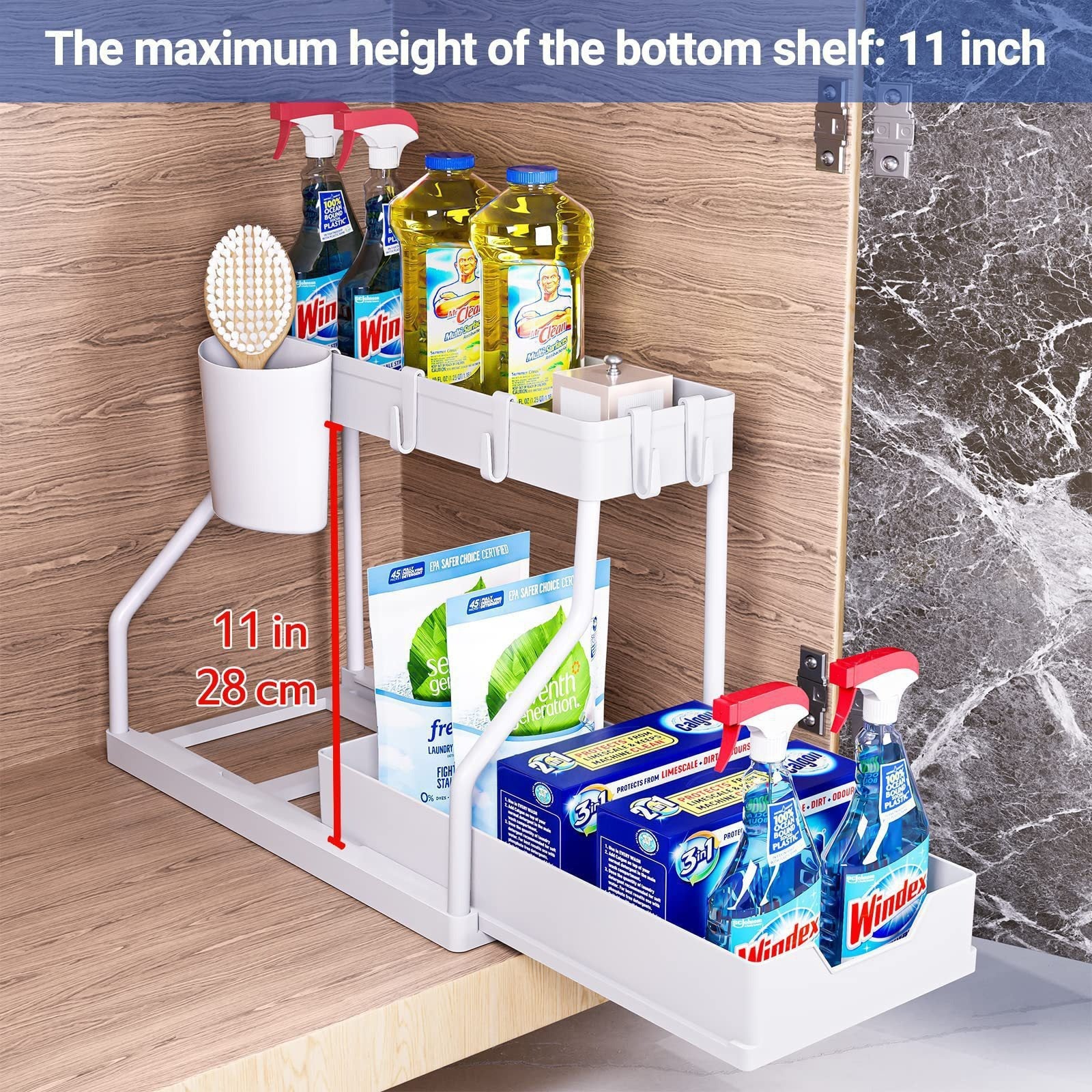 Kitchen cabinet organizer with cleaning supplies on a wooden shelf.