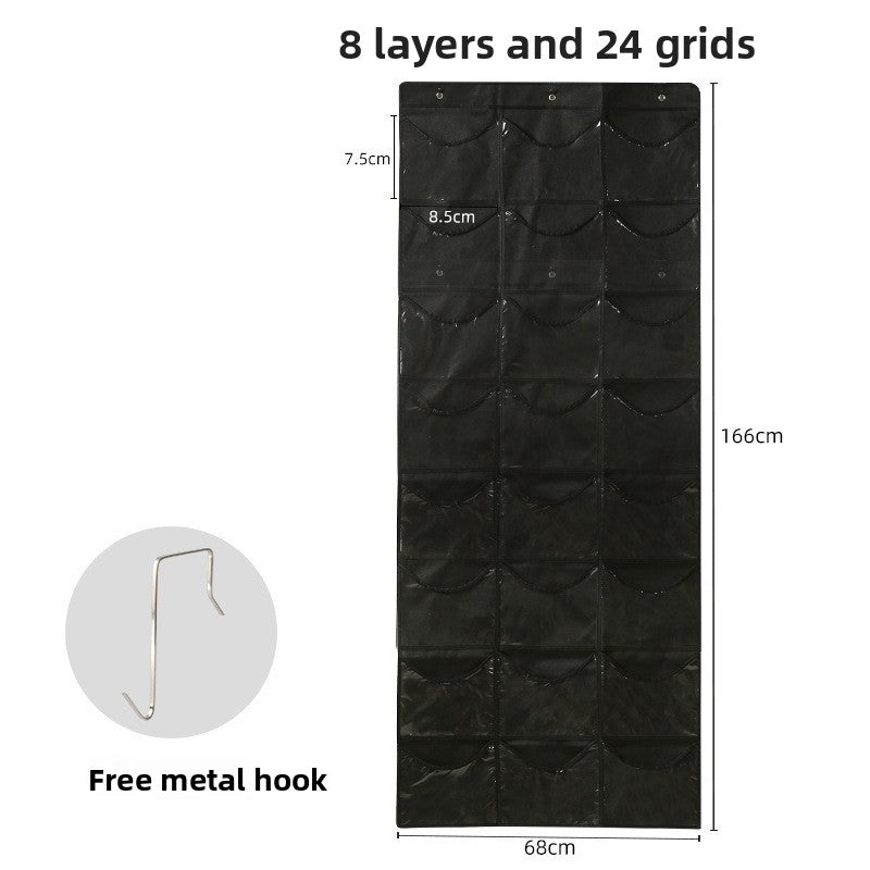 Black wall-mounted shoe organizer with measurements and a free metal hook on a white background