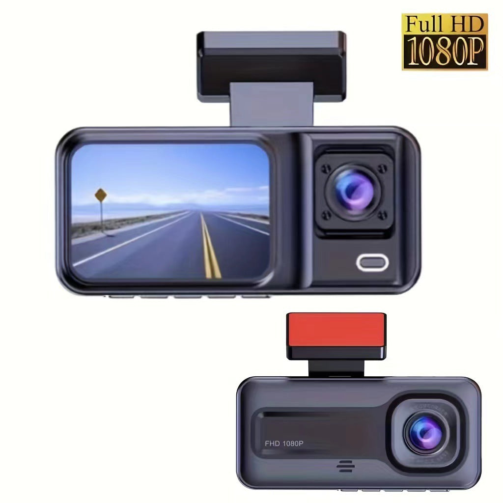 Car dashboard camera with screen displaying road view, labeled 'Full HD 1080P'.