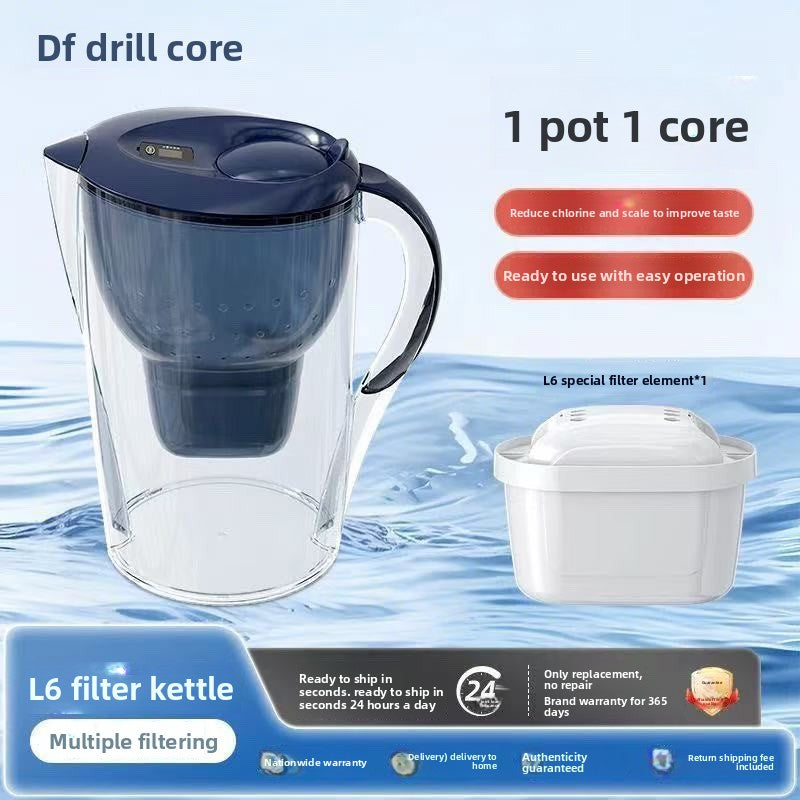 Water filter kettle with filter element on a blue water background